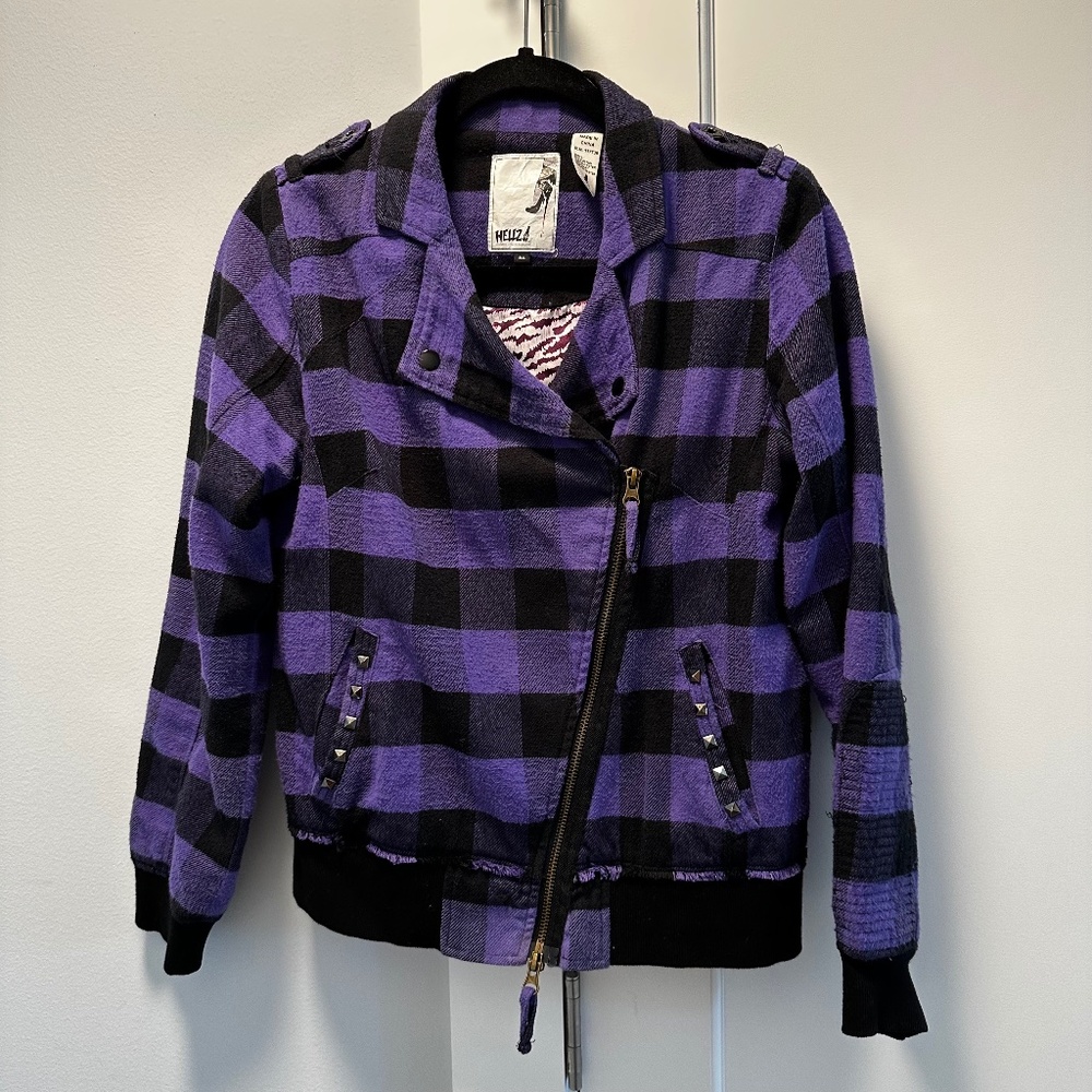 Vintage Hellz Bellz Purple Plaid Jacket Outer Pocket + Embroidered Details XS